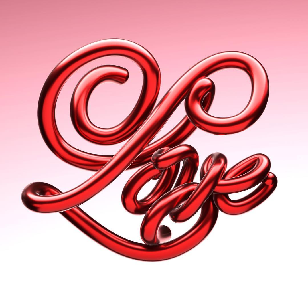 Shiny red metallic artwork spelling out 'Love' against a gradient pink and white background, digitally rendered.