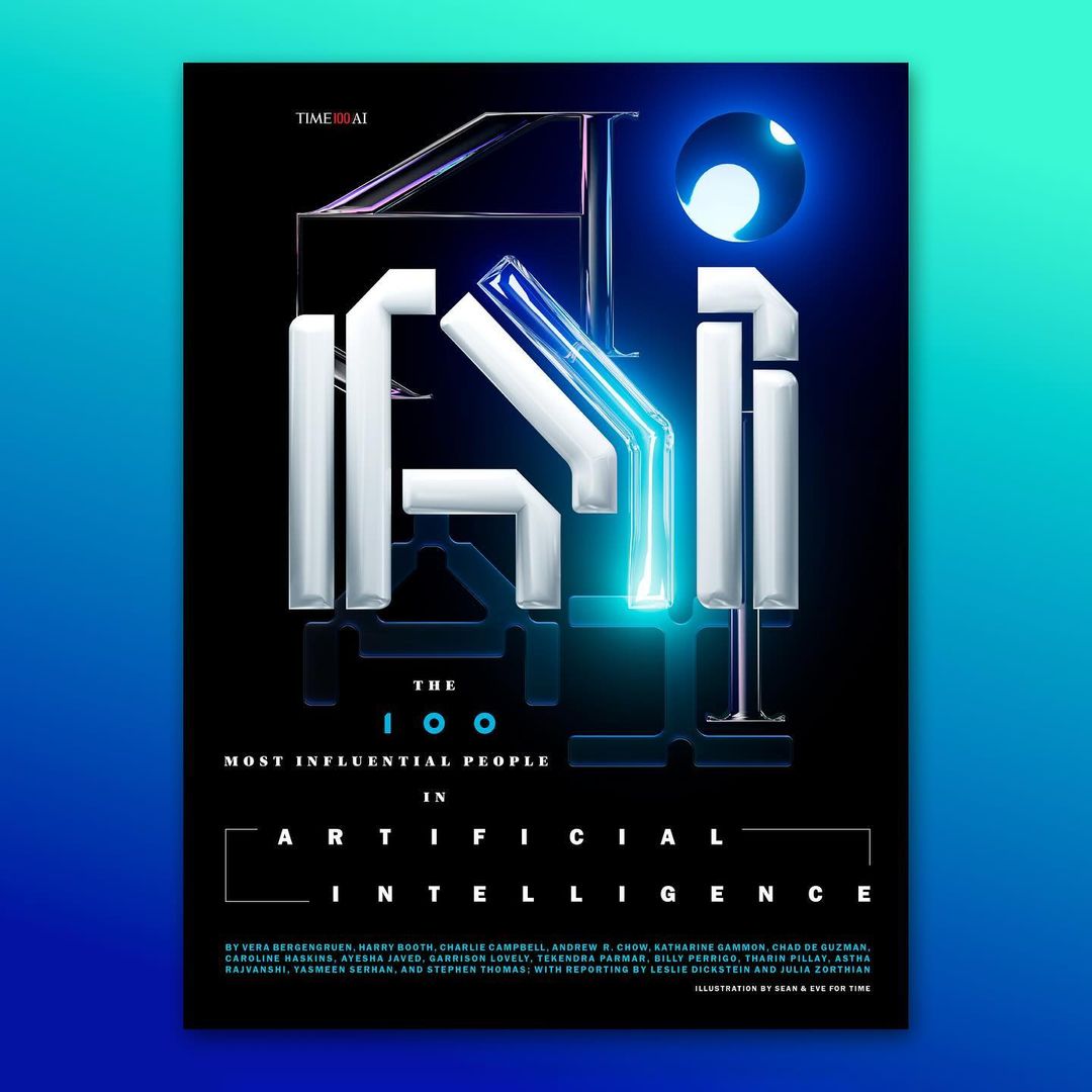 AI Time Magazine cover featuring the words 'AI,' 'Artificial Intelligence,' and 'The 100 Most Influential People in AI' on a black background.