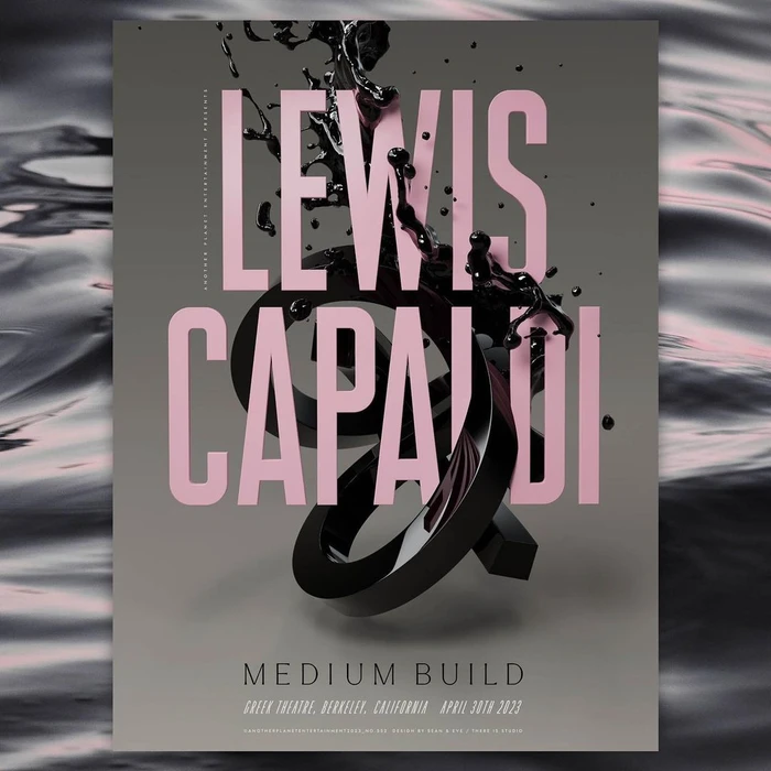CGI poster design featuring large pink typography spelling Lewis Capaldi with dark liquid splashes over a grey background.