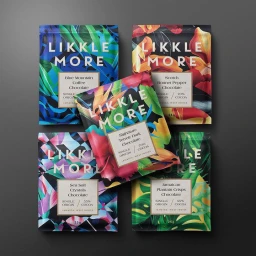 Five colourful tropical-patterned chocolate packaging pouches arranged flat against a dark textured background.