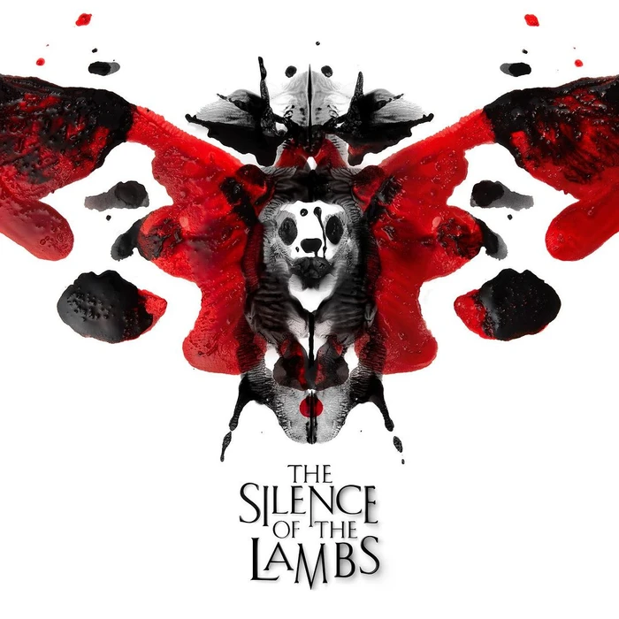 Symmetrical red and black ink blot resembling a moth against a white background with The Silence of the Lambs title text below.