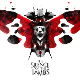 Symmetrical red and black ink blot resembling a moth against a white background with The Silence of the Lambs title text below.
