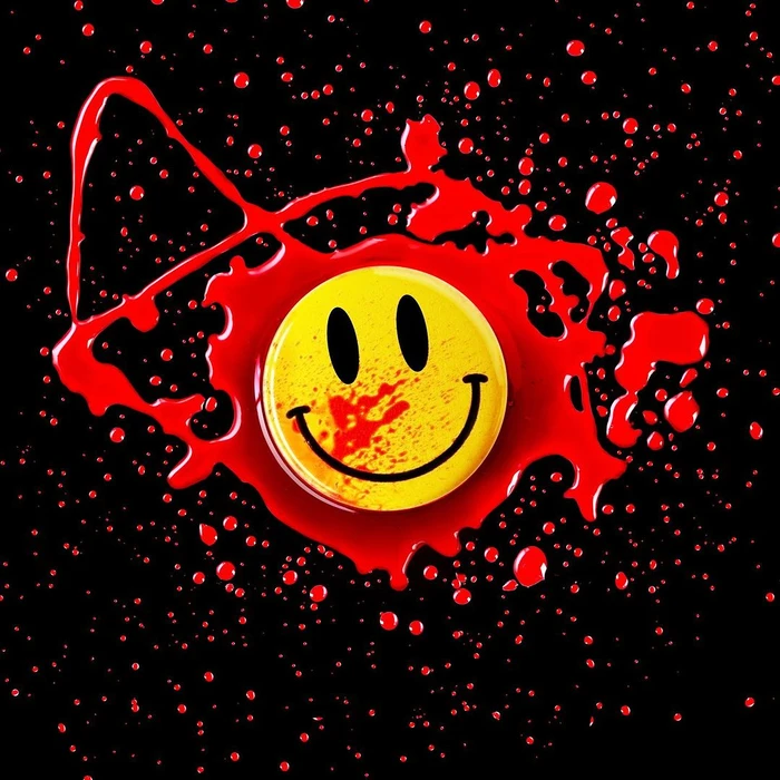 Yellow smiley face badge covered in red splatters against a solid black background with scattered red droplets