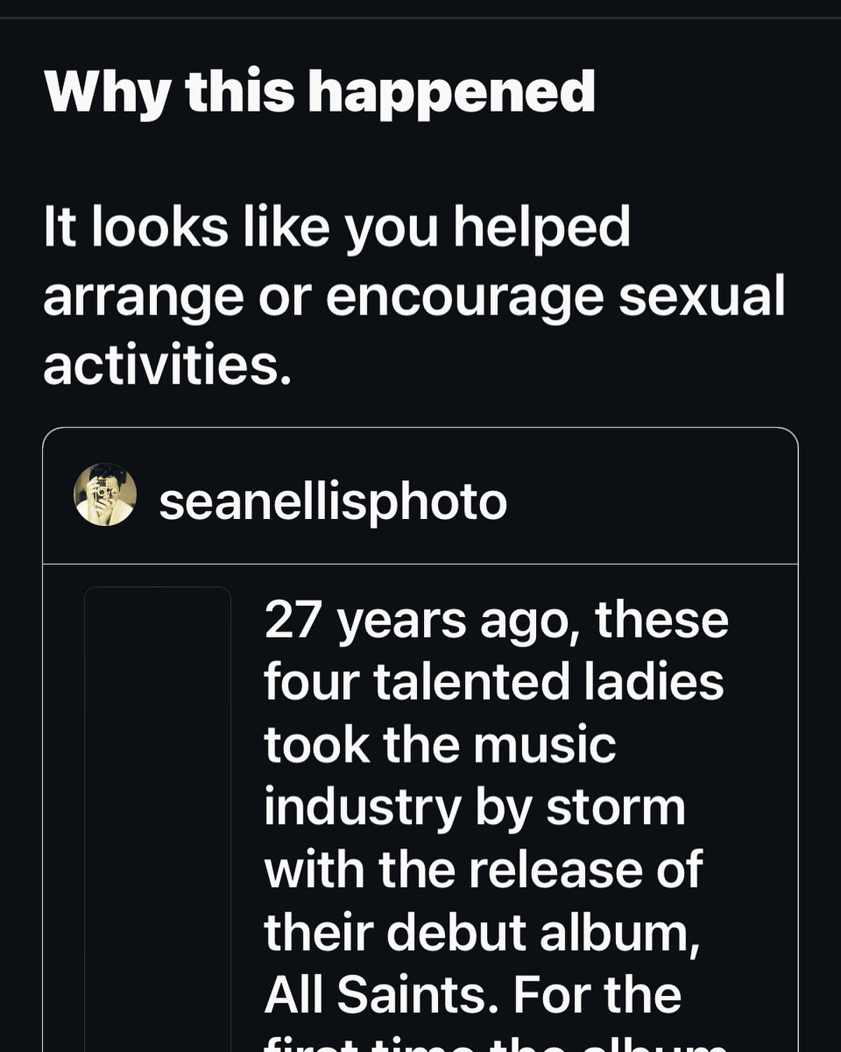Screenshot of text discussing music industry history, mentioning "All Saints" album and the user @seanellisphoto on a dark background.