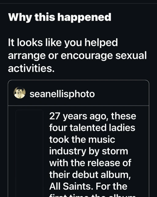 Screenshot of text discussing music industry history, mentioning "All Saints" album and the user @seanellisphoto on a dark background.