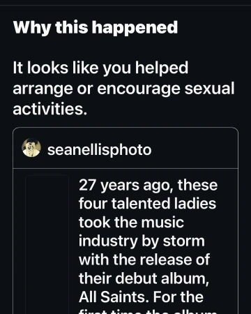 Screenshot of text discussing music industry history, mentioning "All Saints" album and the user @seanellisphoto on a dark background.