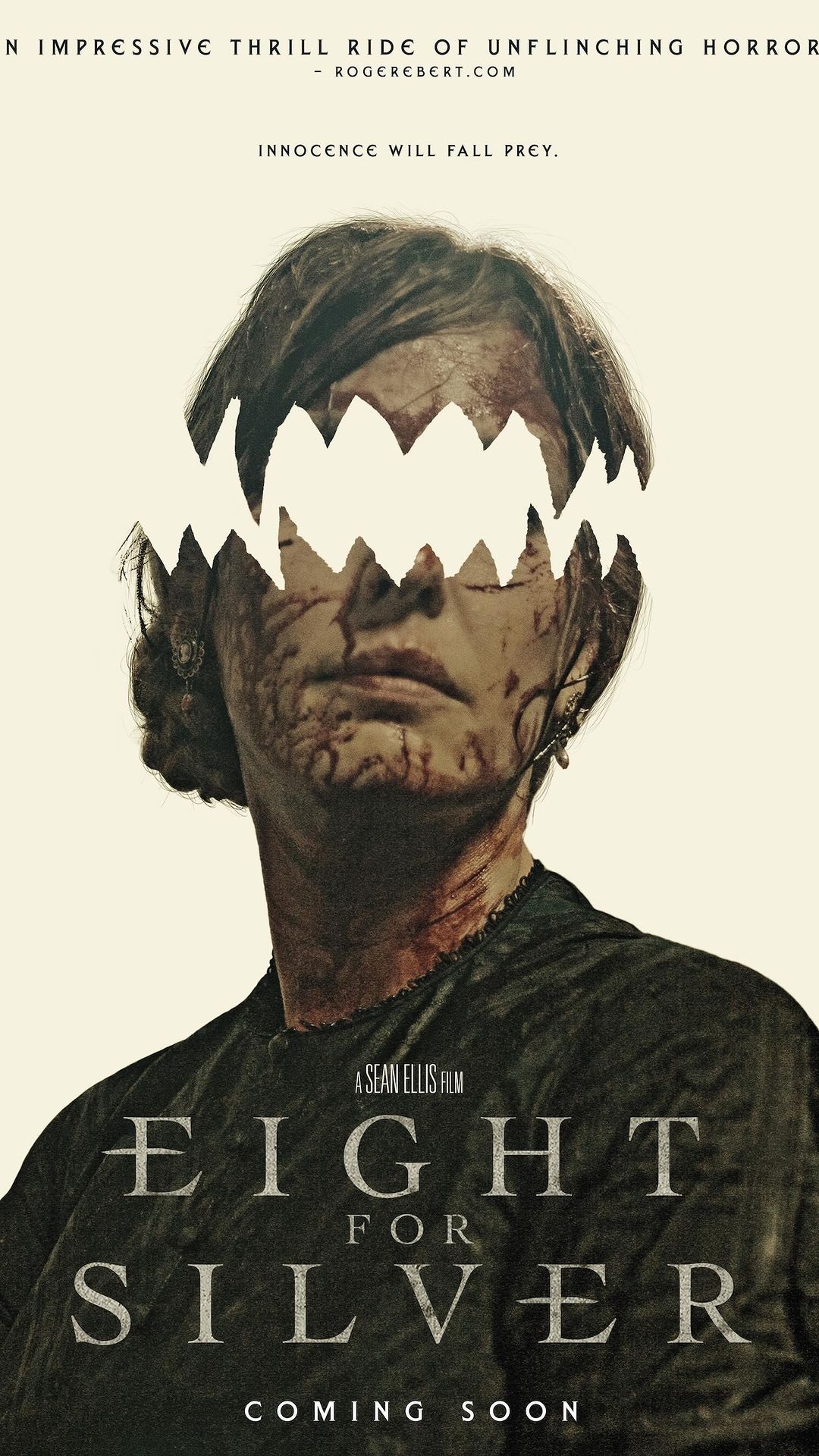 Movie poster featuring a woman with blood on her face, overlaid with the jagged shape of teeth, for the film Eight for Silver.