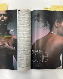 Editorial spread featuring portraits of a Black woman with glossy dark skin, metallic neckpiece, and typography reading Beyond the pale