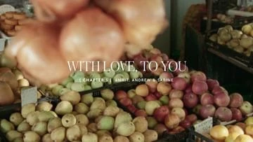 Overhead medium shot of piles of onions, pears, and lemons with text overlay. Food photography featuring fresh produce.