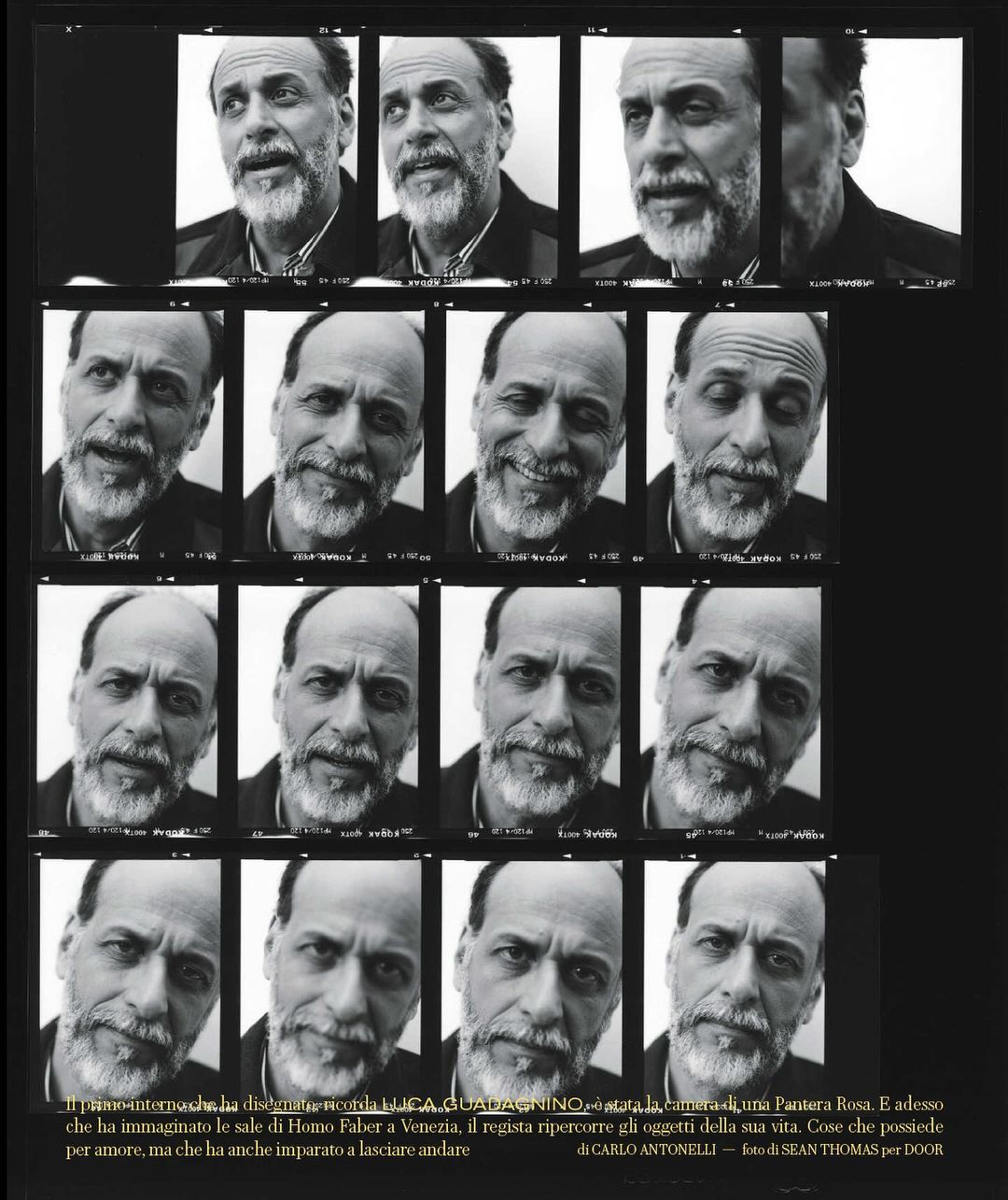 Black and white contact sheet featuring a man's face in multiple poses and expressions; close-up shots create a photo mosaic.