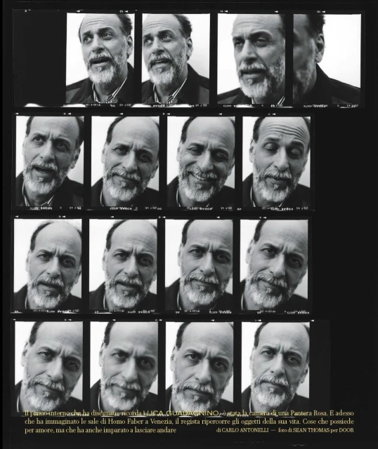 Black and white contact sheet featuring a man's face in multiple poses and expressions; close-up shots create a photo mosaic.