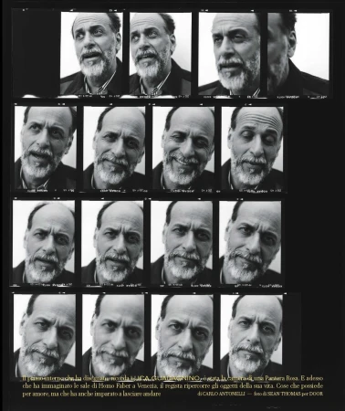 Black and white contact sheet featuring a man's face in multiple poses and expressions; close-up shots create a photo mosaic.