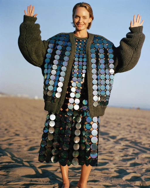 A woman stands barefoot on a sandy beach, smiling with arms raised, wearing a sequined dress and a knitted cardigan sweater in a fashion shot.