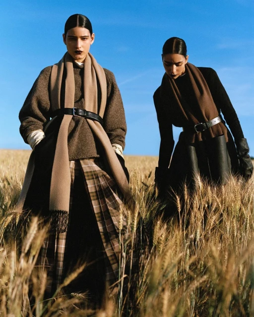 Two women in vintage fashion pose in a wheat field under a blue sky, wearing long skirts, sweaters, and scarves with dramatic makeup.