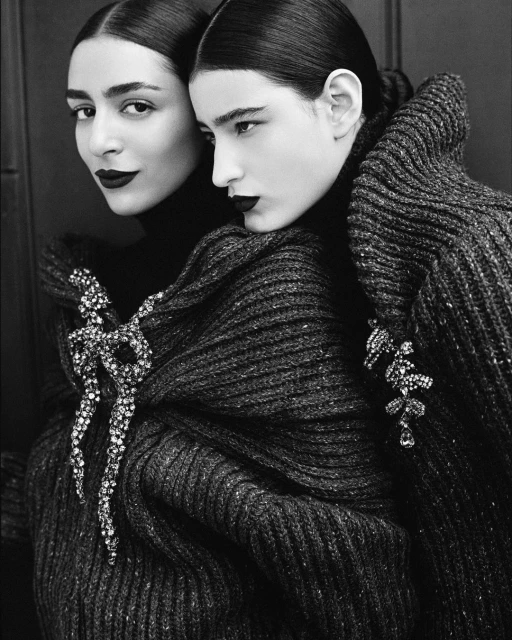 Black-and-white fashion shot of two women in dark turtlenecks and knitwear adorned with decorative brooches, showcasing dramatic dark lipstick.