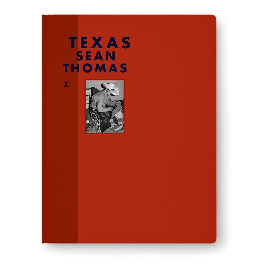 Texas Sean Thomas book cover with red background, text and a small black-and-white photo of a cowboy.
