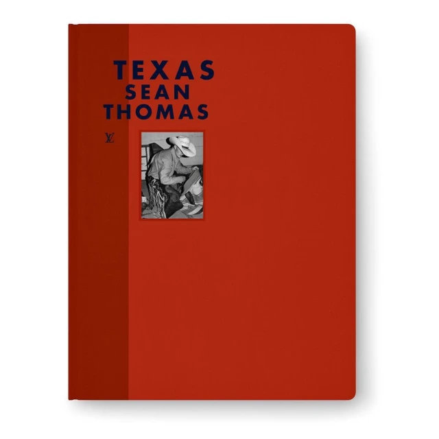 Texas Sean Thomas book cover with red background, text and a small black-and-white photo of a cowboy.
