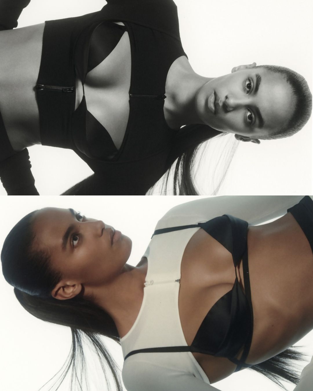 Fashion shot featuring a woman wearing a black bra and long-sleeved crop top with a white version on the bottom half of the frame.