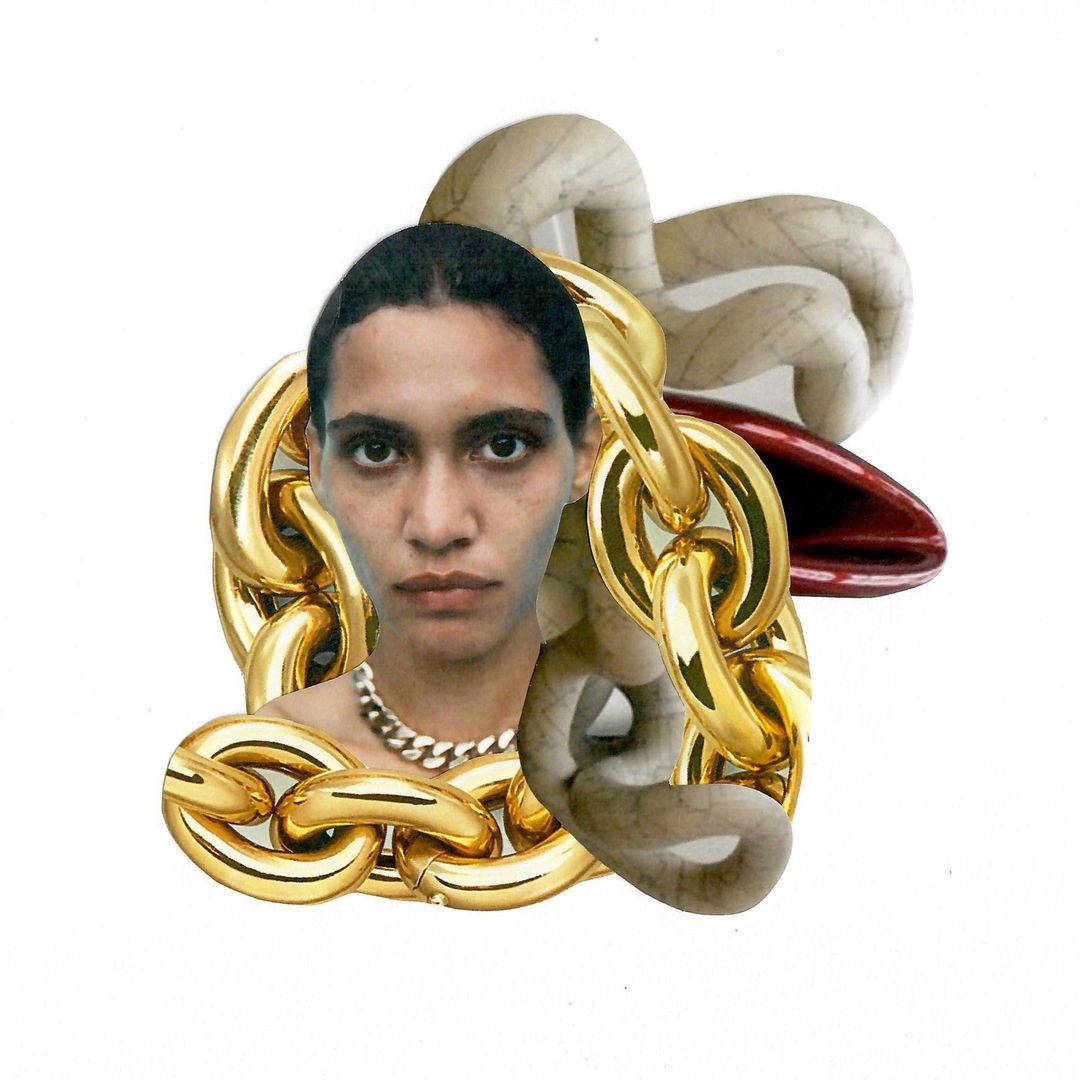 Collage of a person with dark hair and neutral expression, a gold chain necklace, and an abstract marble-like statue.