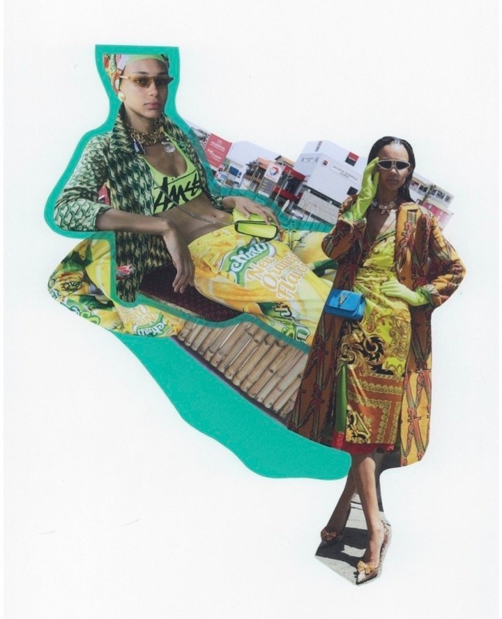 Two women pose in colorful fashion collage. One reclines, one stands. Yellows, greens, browns, and turquoise accents create a vibrant, stylish scene.