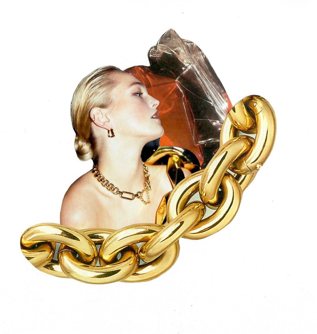 Blonde woman in profile wearing gold jewelry alongside a large gold chain and geometric shapes in a collage style on white.