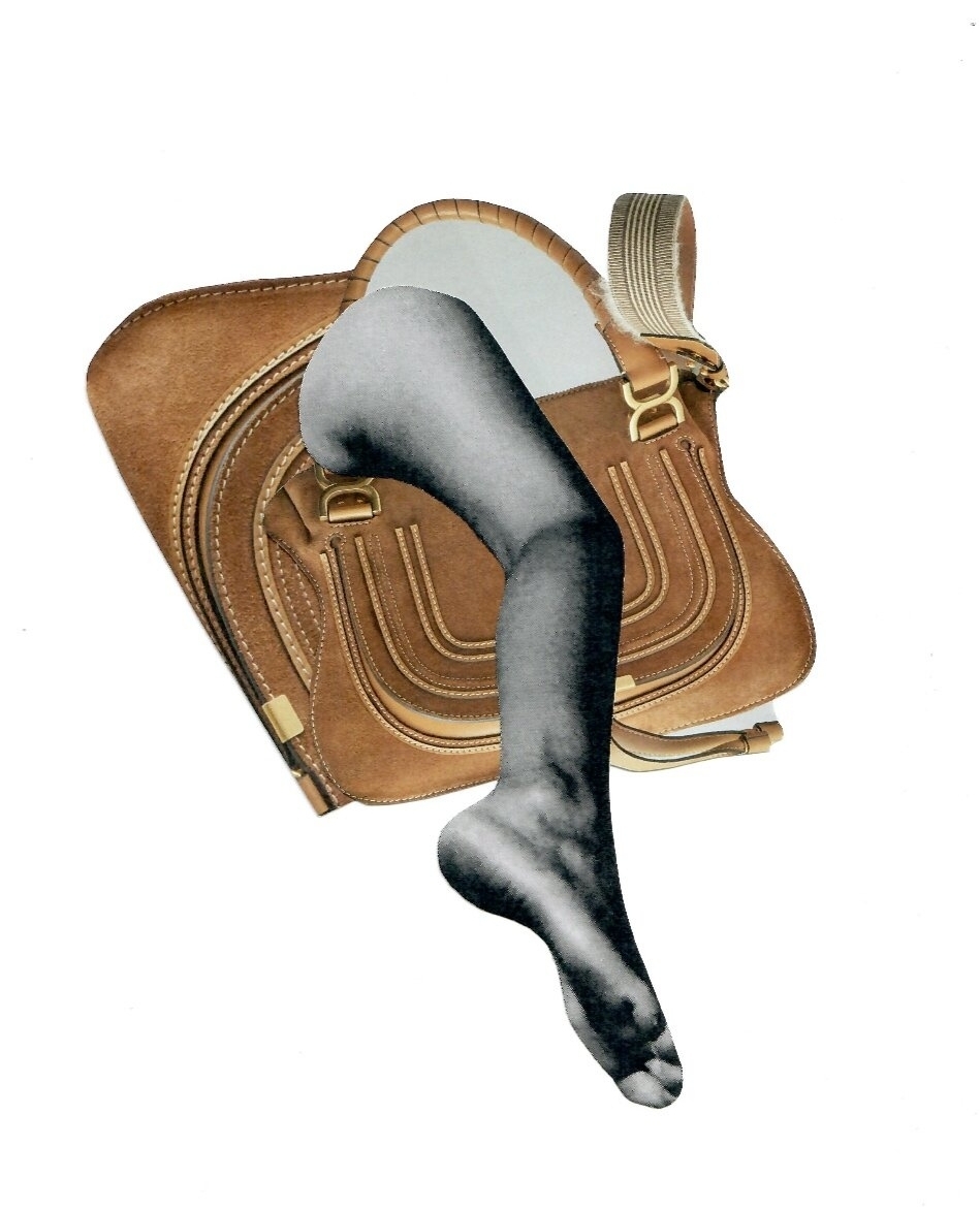Suede purse with a deconstructed leg inside, set against a clean white background, creating a minimalist fashion collage.