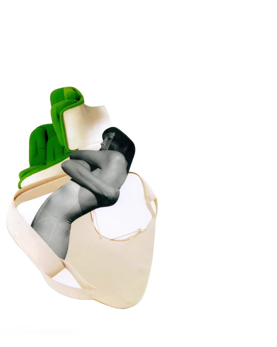 Surreal collage art featuring female figure hugging a green armchair with a deconstructed beige tote bag shape on white background.