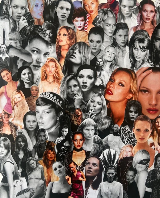Collage featuring many portraits of a woman, with images ranging in color and in black and white, creating a dynamic visual texture.