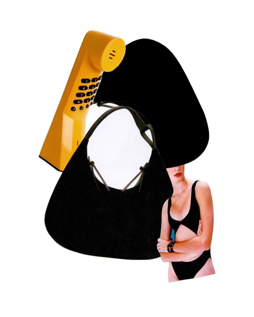 Surreal digital collage on white featuring a retro yellow telephone, black handbag, and woman in a black swimsuit with arms crossed.