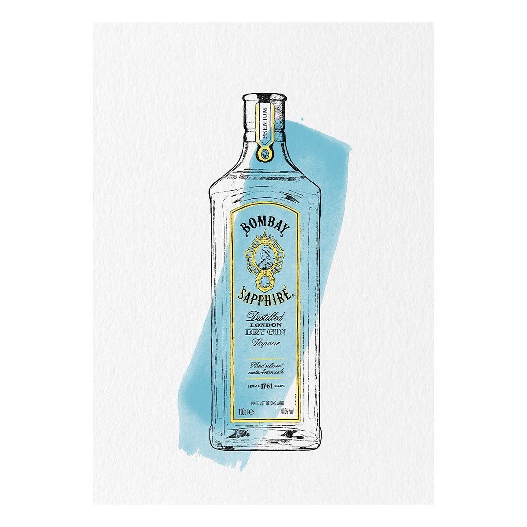 Illustration of a Bombay Sapphire gin bottle with blue accents and detailed line work against a stark white background.