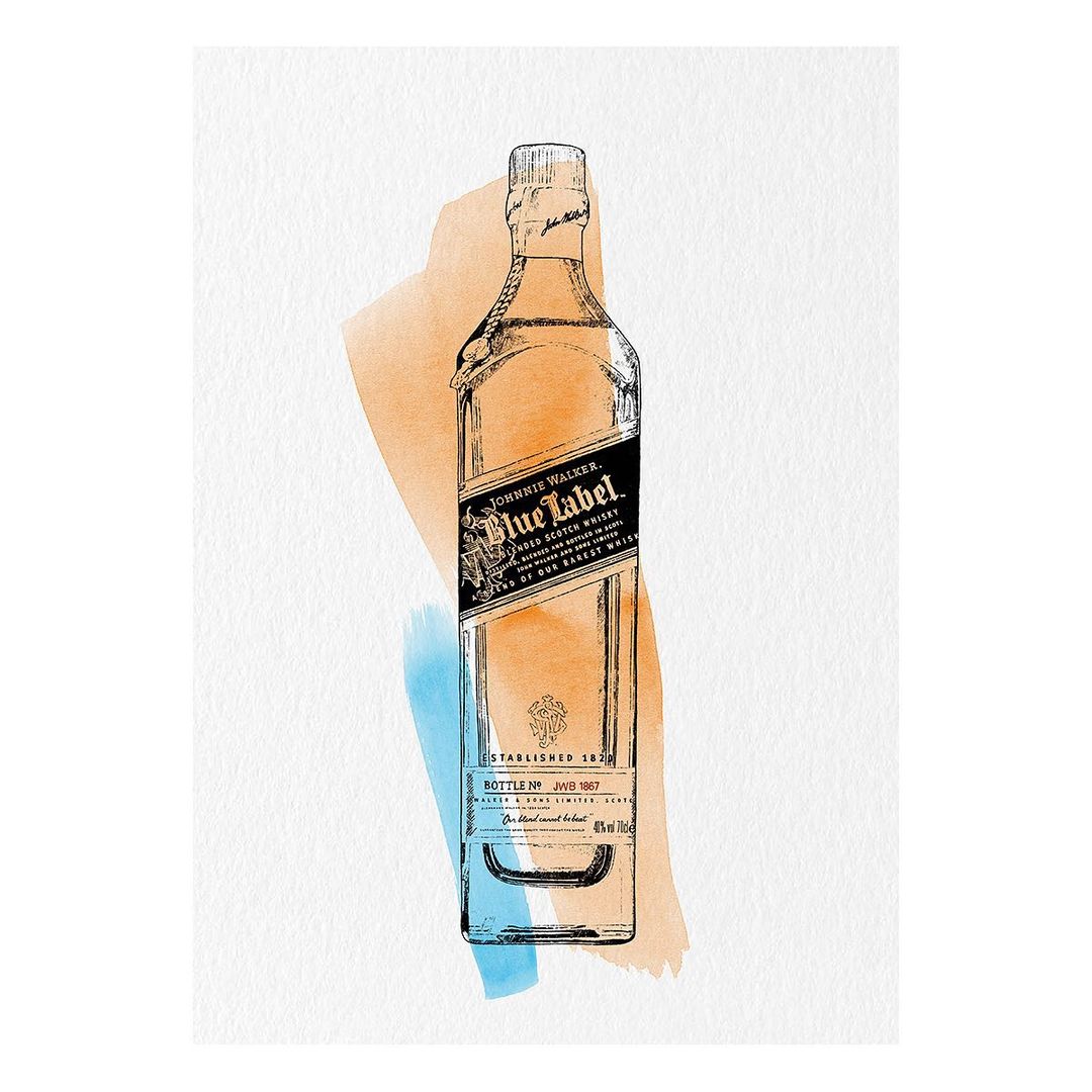 Illustration of a Johnnie Walker Blue Label whisky bottle with abstract orange and blue watercolor accents on a white background.
