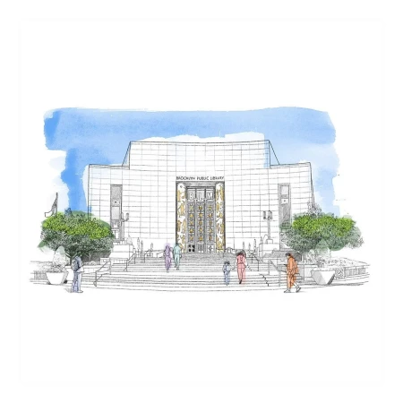Illustration of the Brooklyn Public Library, featuring people on the steps, trees in planters, and a blue watercolor sky.