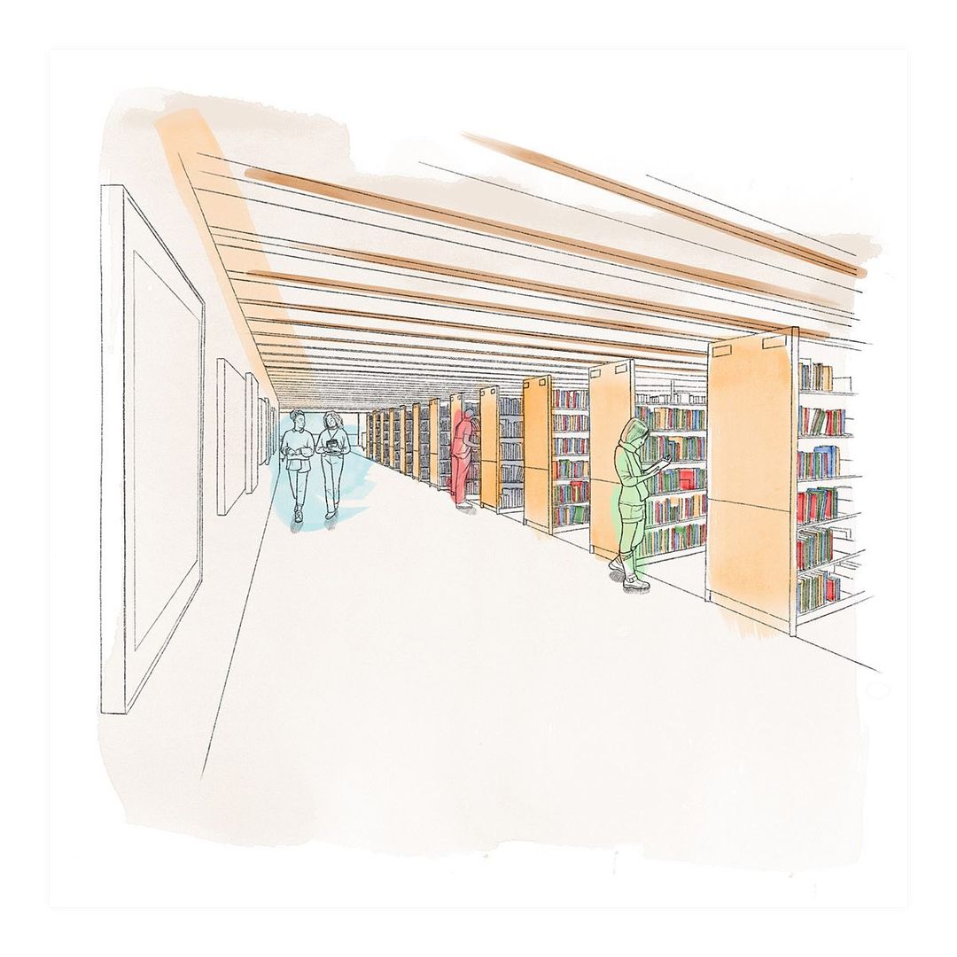 Illustration of a library interior with bookshelves, books, and people walking and reading, rendered in a watercolour style.