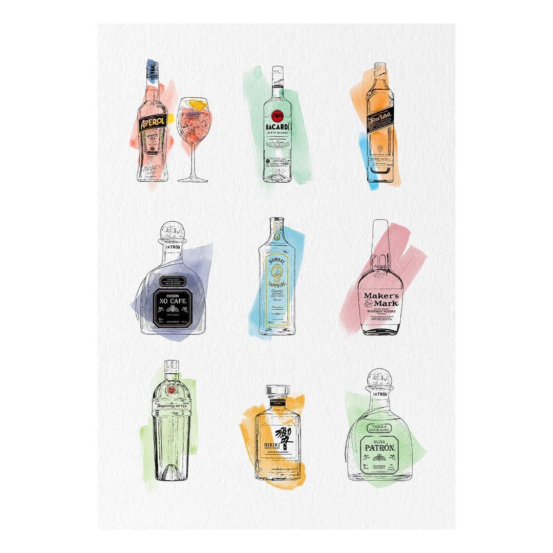 Nine illustrations of various liquor bottles with different brand names, rendered in a watercolor style with light, colorful washes.