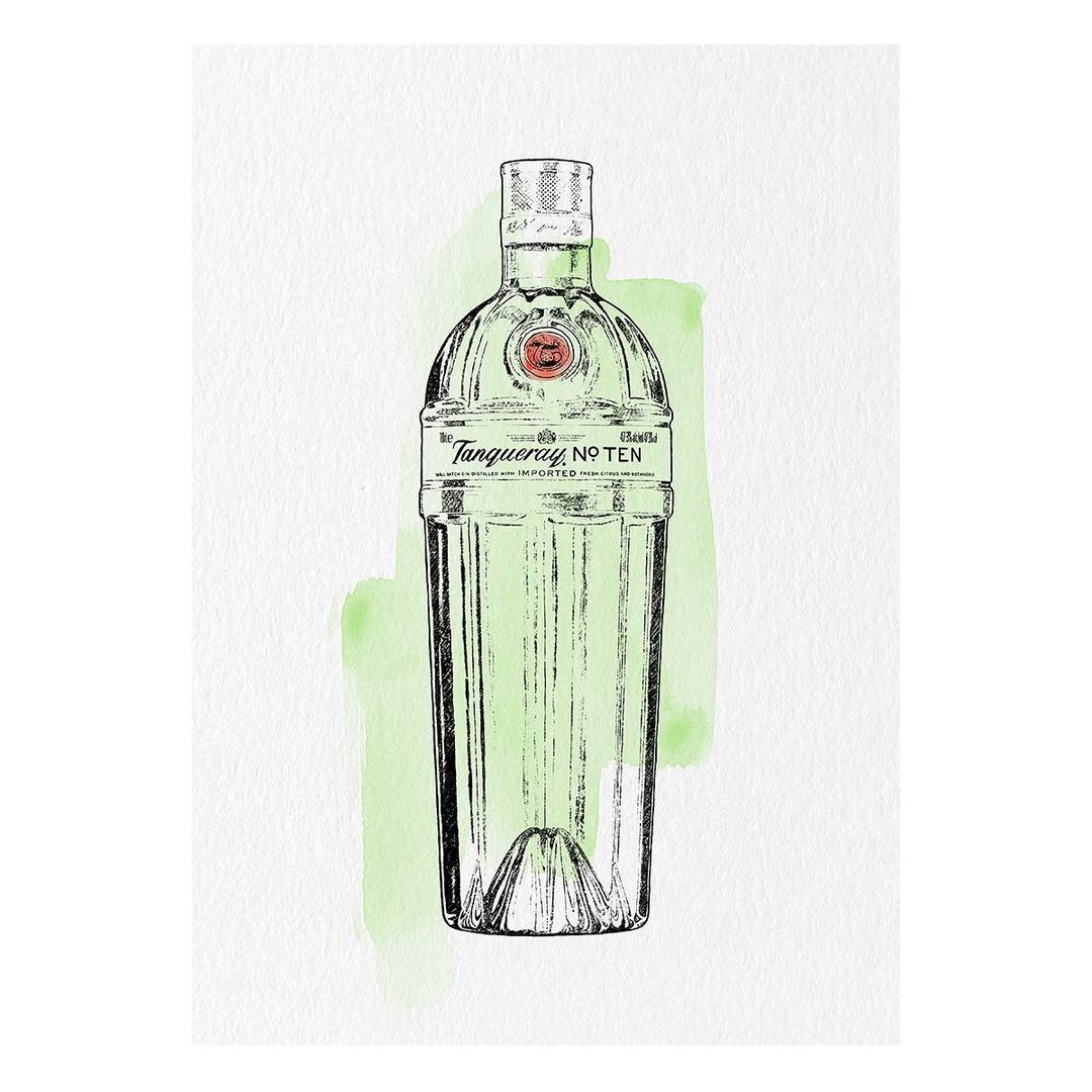 Illustration of Tanqueray No. Ten gin bottle against a light green watercolor background, set against a white textured backdrop.