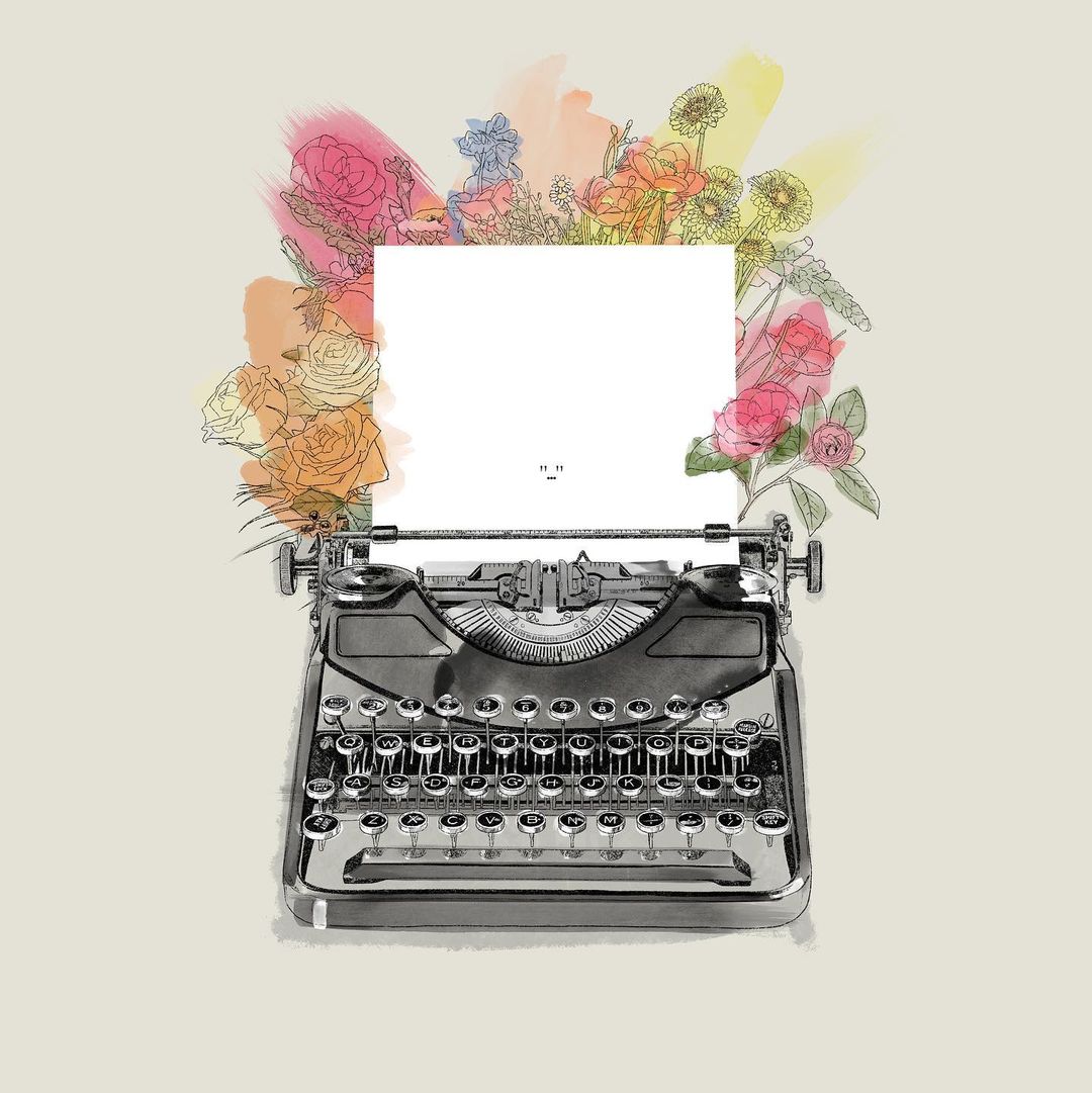 Vintage typewriter illustration with colorful floral accents and blank white paper, set against a neutral background in a digital art style.