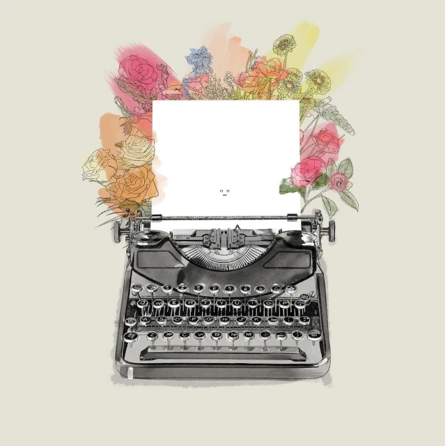 Vintage typewriter illustration with colorful floral accents and blank white paper, set against a neutral background in a digital art style.
