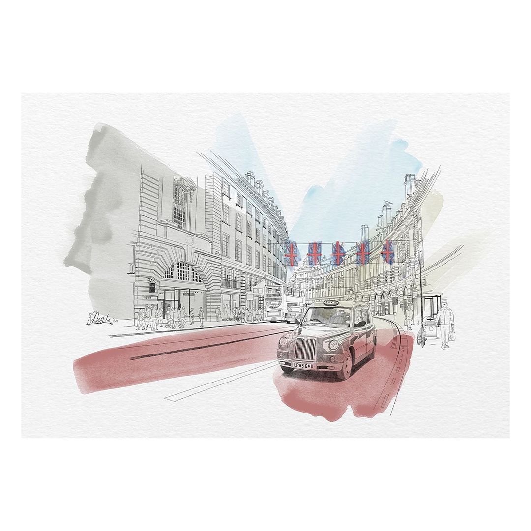Illustration of a London street featuring a black taxi cab, buildings with British flags, and red bus, blending line art and watercolor.