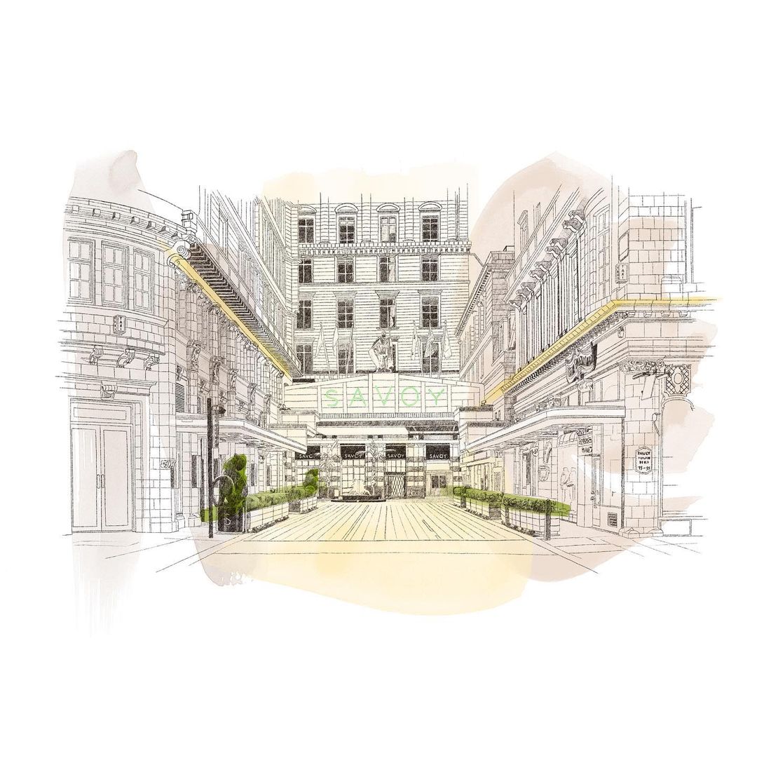 Illustration of The Savoy hotel in London, showing the building's architecture and surrounding urban environment in a watercolor style.