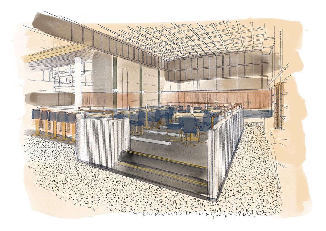 Illustration of a stylish restaurant interior with round tables, chairs, bar stools, and a multi-level floor, rendered in neutral tones.