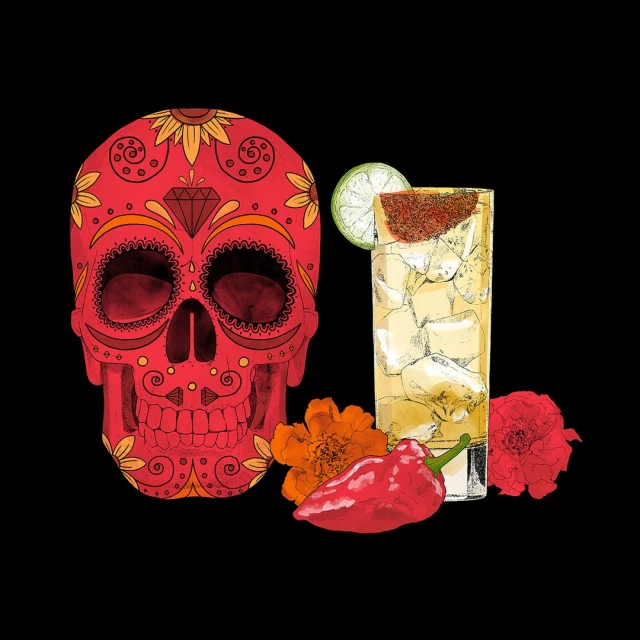 Illustration of a decorative red skull, a cocktail with a lime wedge, a red pepper, and two red and orange marigold flowers on black.