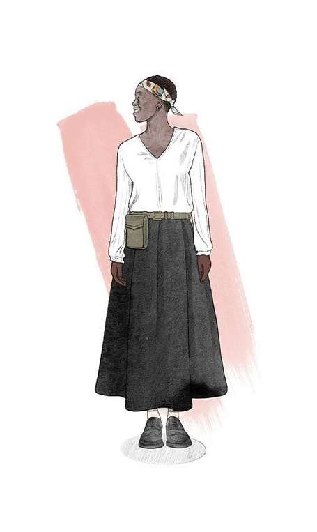 Illustration of a Black female standing and facing right wearing a headscarf, white shirt, black skirt, belt bag, and black shoes.