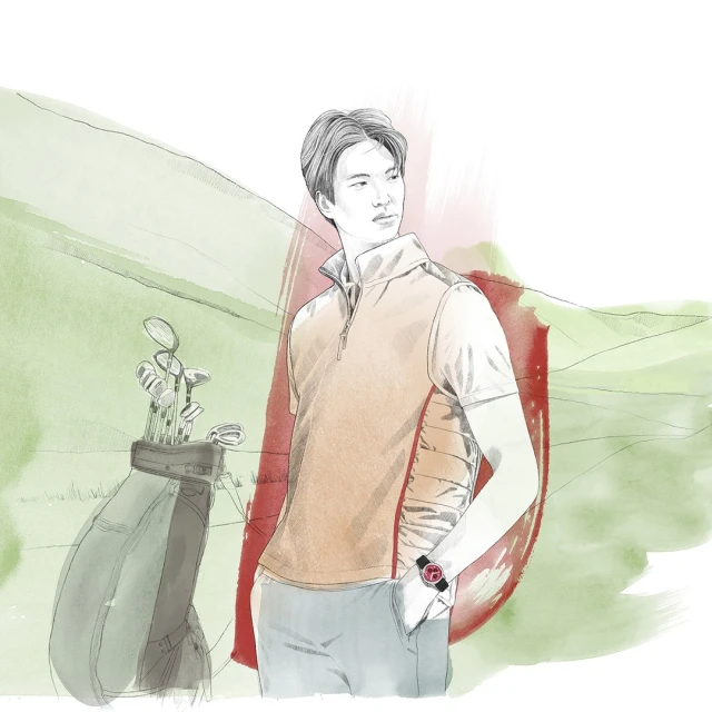 Illustration of a stylish man in a golf outfit with a golf bag, rendered with soft colors and sketch-like details in a grassy outdoor setting.
