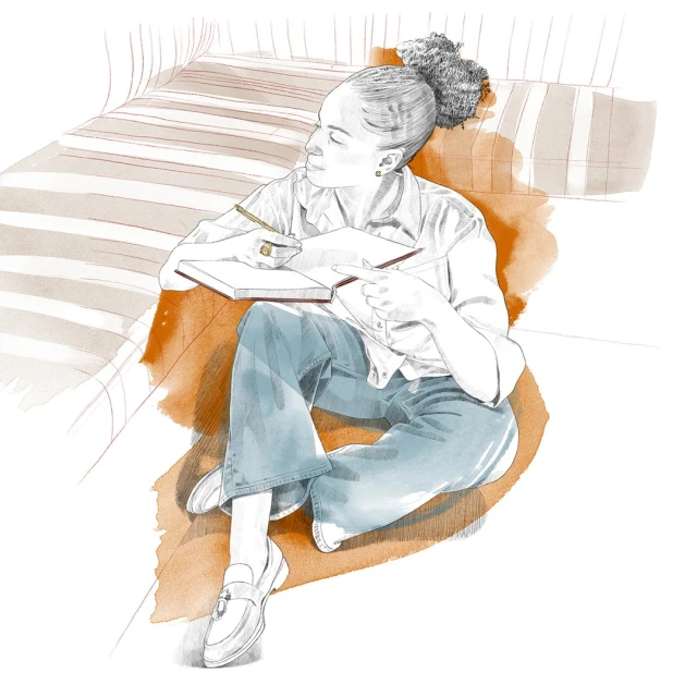 Illustration of an adult female sitting on the floor, writing in a notebook, wearing casual clothes with a sofa in the background.