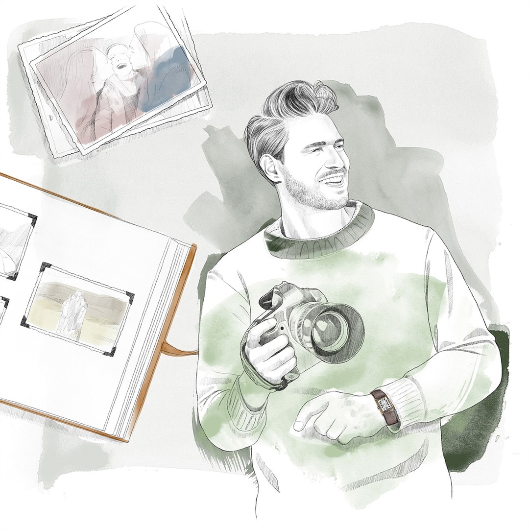 Illustration of a smiling man holding a camera, with nearby photo album and loose photographs, rendered in a sketch-like style.