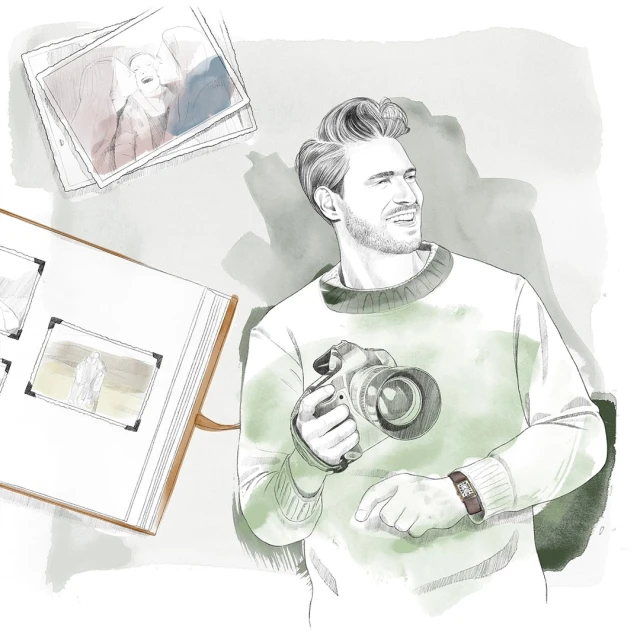 Illustration of a smiling man holding a camera, with nearby photo album and loose photographs, rendered in a sketch-like style.