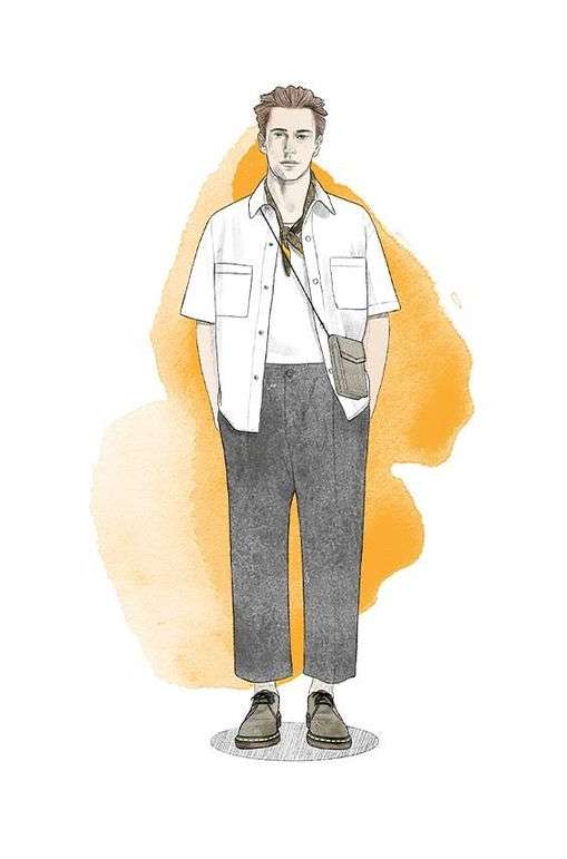 Illustration of a stylish man wearing a white, short-sleeved shirt, dark trousers, and oxford shoes against an orange watercolor backdrop.