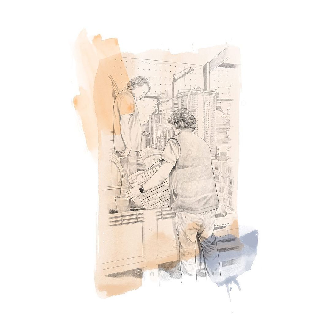 Illustration of two adults indoors in an industrial environment; one facing away holding a basket, light peach and blue watercolor accents.