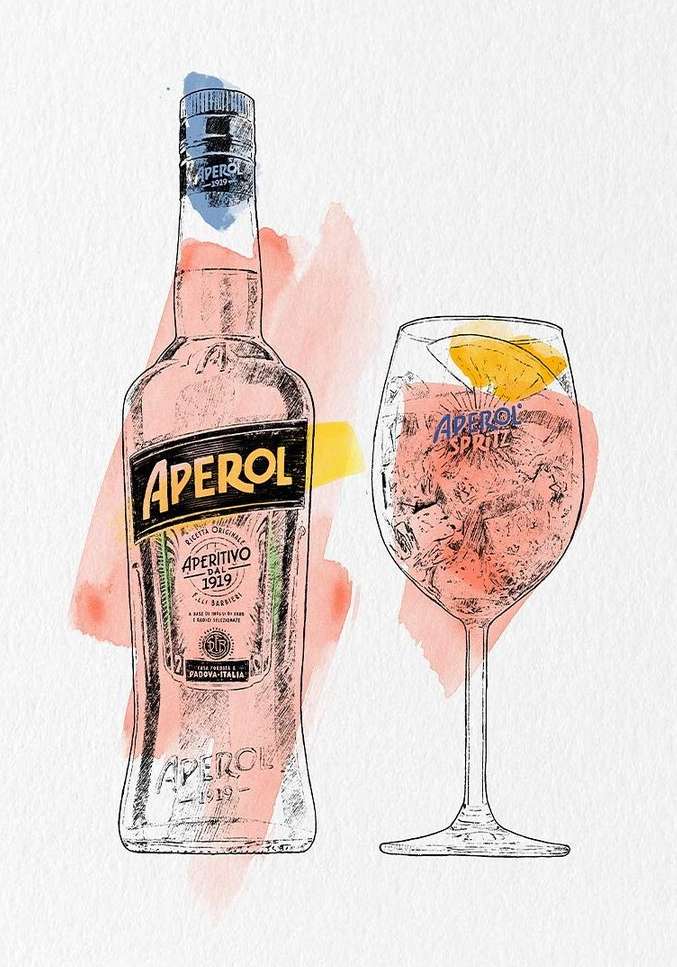 Illustration of an Aperol bottle and a spritz glass with ice and orange slice, rendered in a watercolor style on a white background.