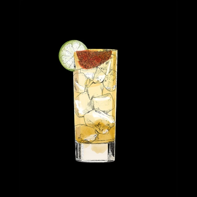 Illustration of a highball glass filled with an amber-colored liquid, ice cubes, and garnished with a lime slice and a red fruit.